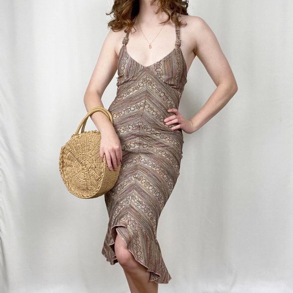 Vintage Multicolor Halter Knit Bodycon Fitted Ruffle Midi Summer Y2K 90s Dress - Picture 8 of 8